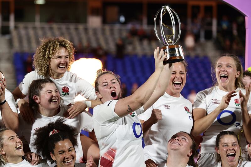 England captain Marlie Packer and the team celebrate after winning the 2023 WXV1 title after beating New Zealand. Photo: Dave Rowland/Getty Images