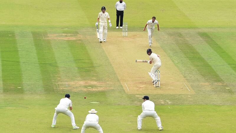 Ireland’s Mark Adair makes the catch to dismiss England’s Jack Leach for 92 on the second day of the first Test at Lord’s. Photograph: Glyn Kirk/AFP/Getty Images