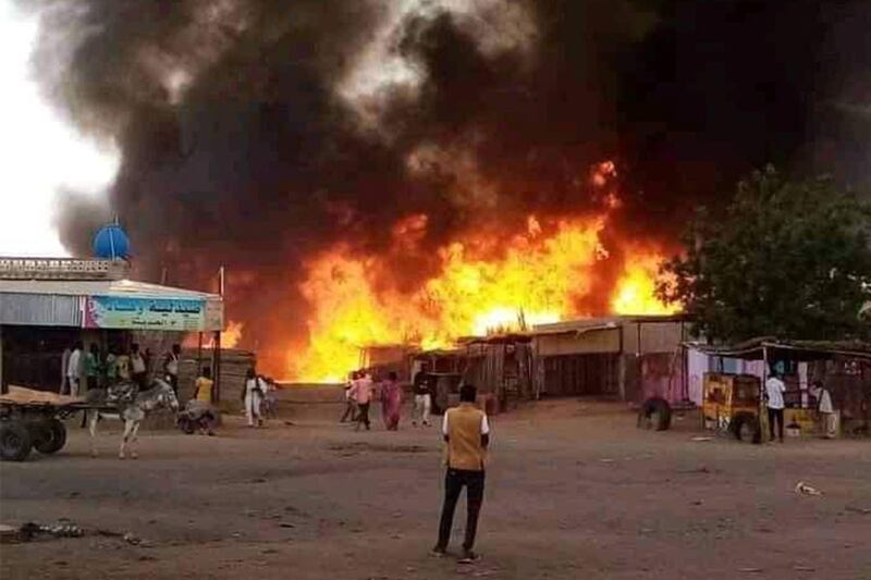 A fire rages in a livestock market area in al-Fasher, the capital of Sudan's North Darfur state, in the aftermath of bombardment by the paramilitary Rapid Support Forces (RSF). Photograph: AFP via Getty Images