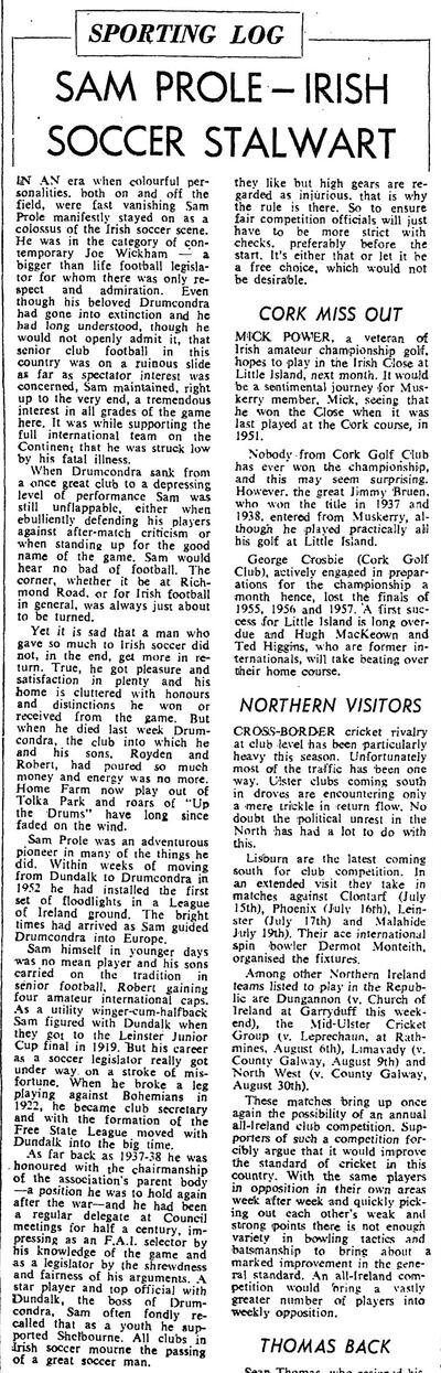 Sam Prole's obituary in The Irish Times on July 9th, 1975.
