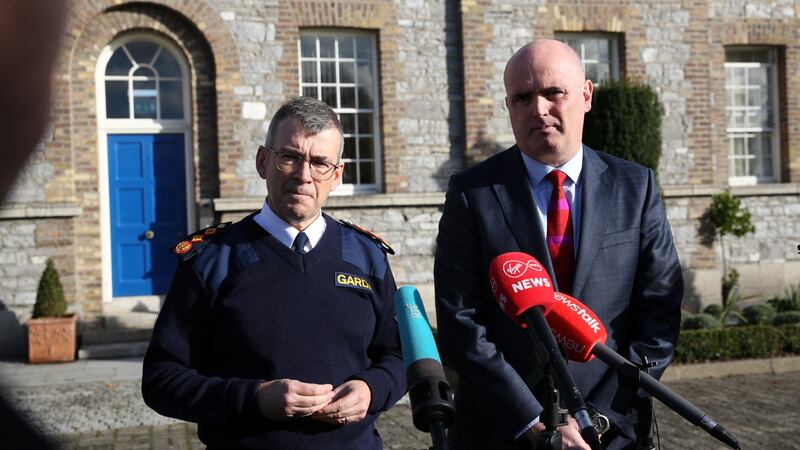 Garda Commissioner Drew Harris and Assistant Chief Constable Mark Hamilton of the PSNI brief the media at Garda HQ about the joint operation. Photograph: Gareth Chaney/Collins