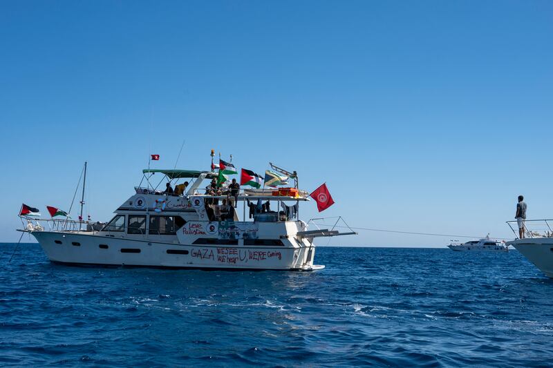 Members of the Global Sumud Flotilla moored of the Greek island of Koufonisi on Friday. Photograph: Eleftherios Elis/AFP via Getty Images   