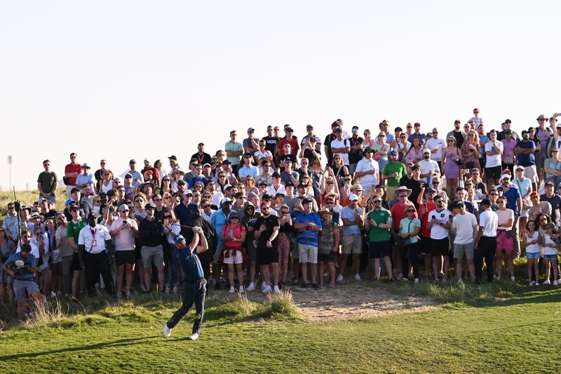 Padraig Harrington plays his third shot on the 18th hole during the final round of the Abu Dhabi HSBC Championship at Yas Links Golf Course in Abu Dhabi, UAE. Photograph: Ross Kinnaird/Getty Images