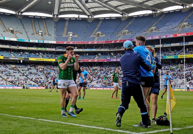 Meath's Jordan Morris gestures as Dublin's Lee Gannon is sent off during the 2022 Leinster semi-final. Photograph: Evan Treacy/Inpho
