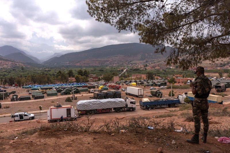 A makeshift camp and military hospital set up following the earthquake in Asni, Morocco on Tuesday. Photograph: Nathan Laine/Bloomberg