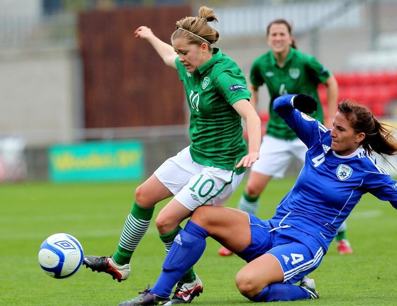 Ireland's Denise O'Sullivan in action against Israel during a Euro qualifier in 2011. Of the 18 goals she has netted for the Republic across 15 internationals, Ireland have 14 wins and a single loss to Scotland in 2013. Photograph: Lorraine O'Sullivan/Inpho 
