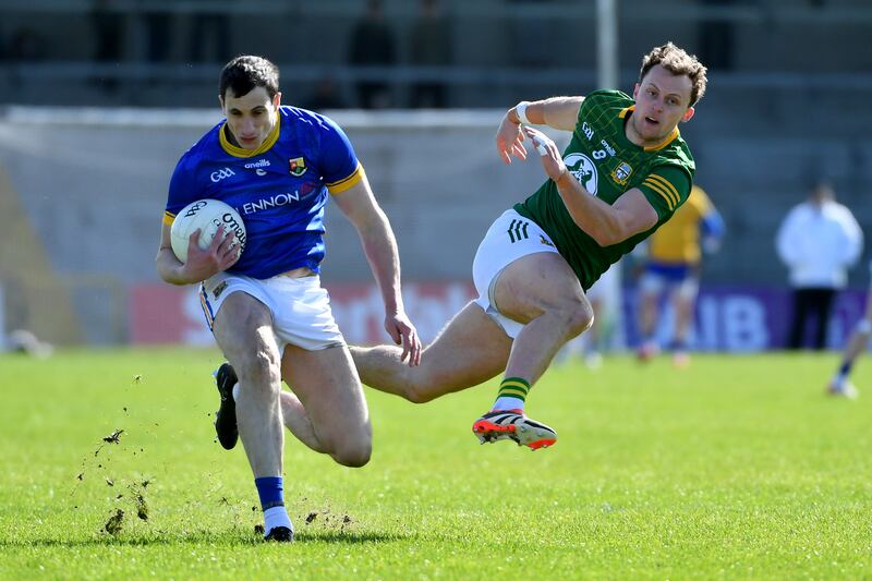 Darren Gallagher of Longford and Meath's Ronan Jones in action during the Leinster championship clash at Glennon Brothers Pearse Park, Longford. Photograph: Andy Paton/Inpho
