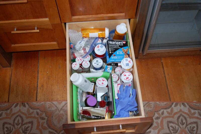 Medication for both humans and dogs were found mixed together in a drawer. Photograph: Santa Fe County Sheriff’s Office