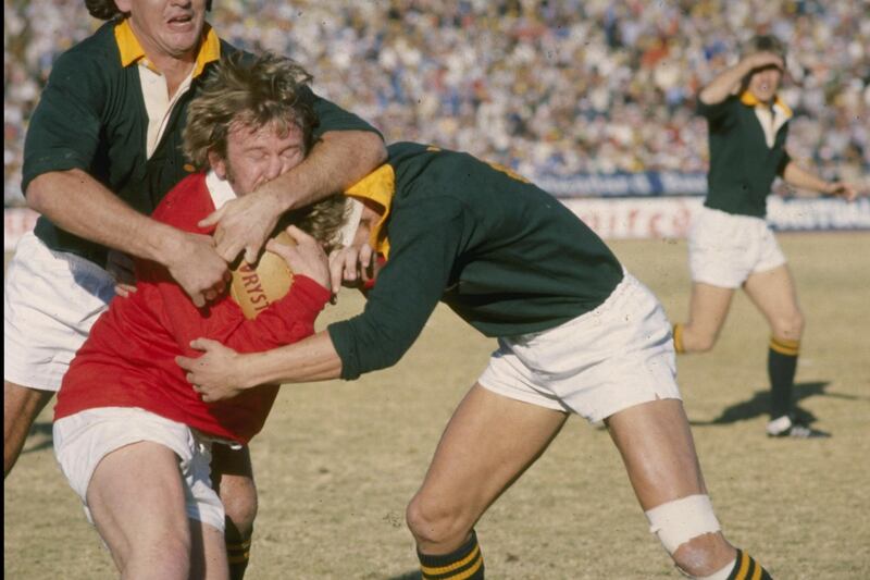 Derek Quinnell of the Lions is tackled during the brutal 1974 tour match against South Africa. Photograph: Allsport