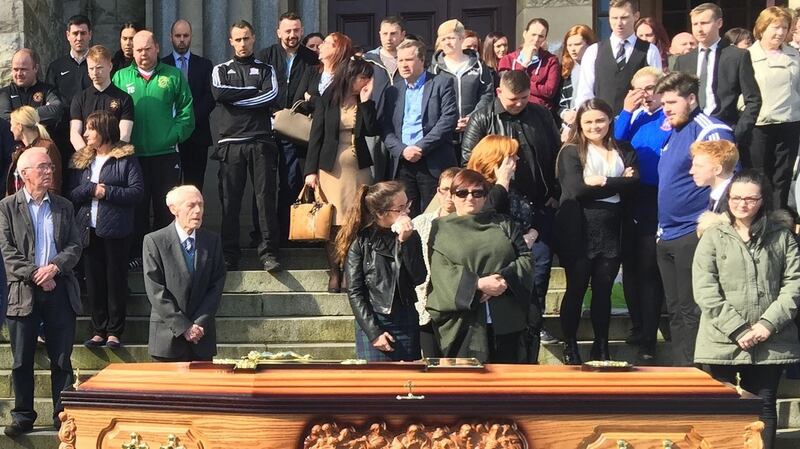 Family and friends attend the funeral of Michael McGibbon at the Holy Cross church in Belfast today. Photograph: David Young/PA Wire