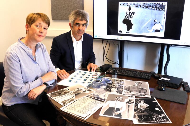 Sara Smyth, assistant keeper of special collections, and Crónán Ó Doibhlin, head of special collections at the National Library of Ireland, at the launch of the digitised version of the Library's Live Aid collection