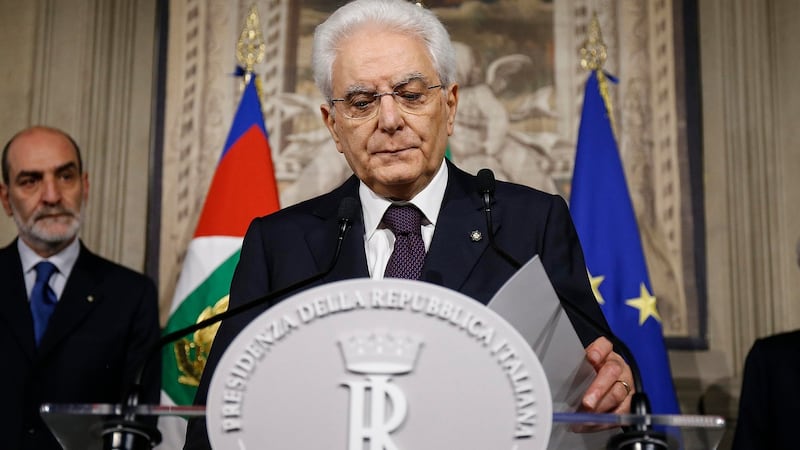 Italian president Sergio Mattarella addresses the media after meeting Italy’s premier-designate Giuseppe Conte in Rome on Sunday. Photograph: AP
