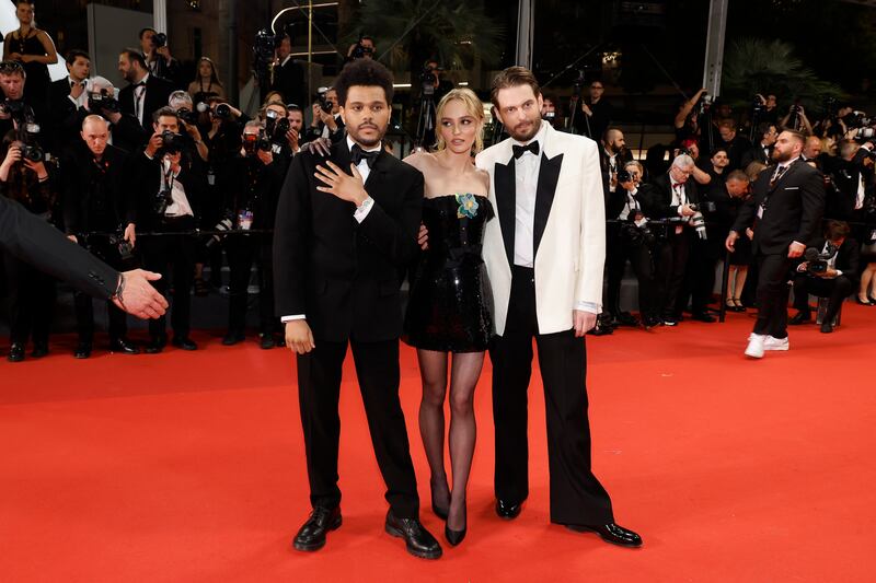 (L-R) Abel 'The Weeknd' Tesfaye, Lily-Rose Depp and Sam Levinson. Photograph: Mike Coppola/Getty Images