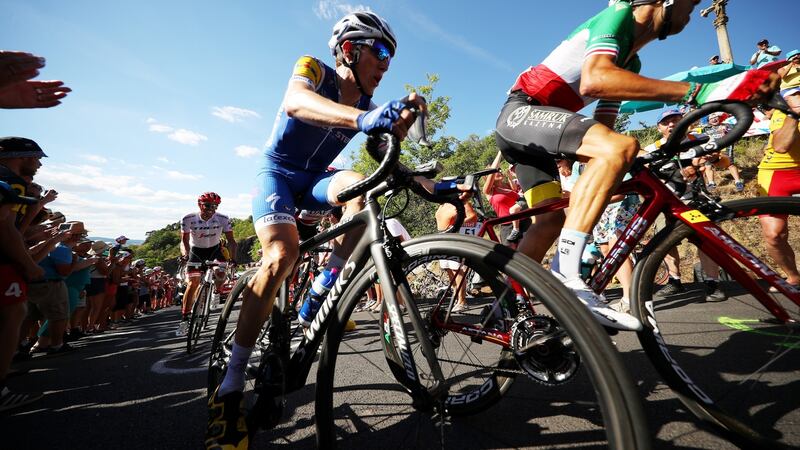 On Fabio Aru’s wheel during  Sunday’s stage  from Laissac-Sévérac l’Église to Le-Puy-en-Velay. Photograph: Chris Graythen/Getty Images