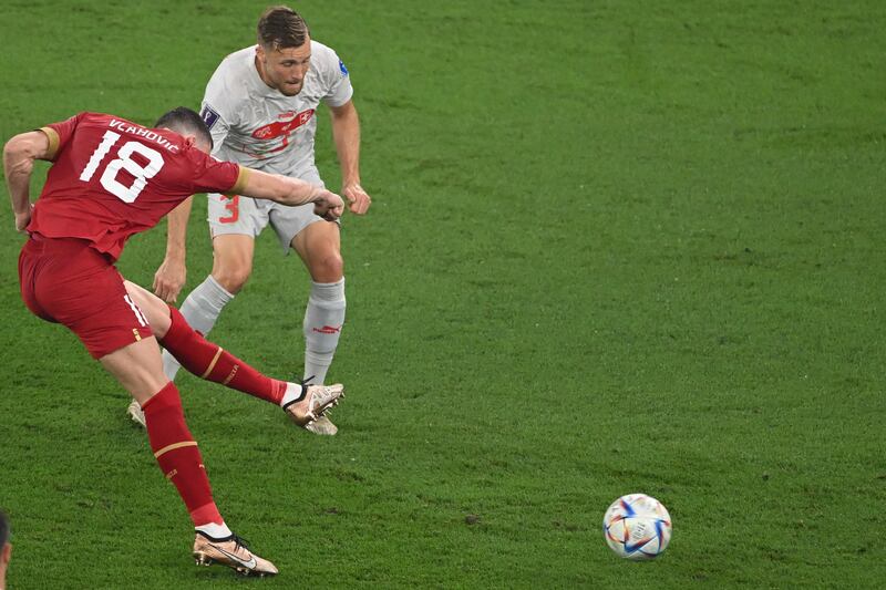 Serbia's forward Dusan Vlahovic strikes the ball to score his team's second goal. Photograph: Patrick T Fallon/AFP via Getty