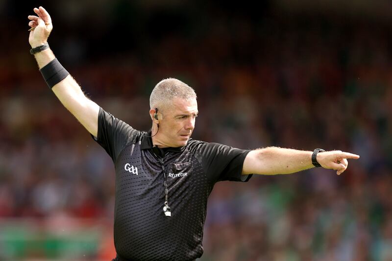 Referee Liam Gordon during the Munster final at the TUS Gaelic Grounds in Limerick. Photograph: Laszlo Geczo/Inpho
