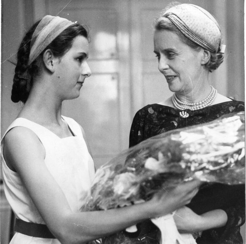 Colette Collins (13), presenting a bouquet to Dame Ninette de Valois at a reception given in her honour by the Irish region of the Royal Academy of Dancing, in the Gresham Hotel in Dublin in 1960. Photograph: Kevin McMahon/The Irish Times