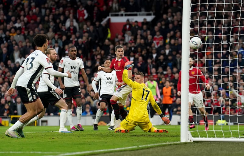 Manchester United's Marcel Sabitzer scores his side's second goal of the game against Fulham during the FA Cup quarter-final match at Old Trafford on Sunday. Photograph: Martin Rickett/PA Wire
