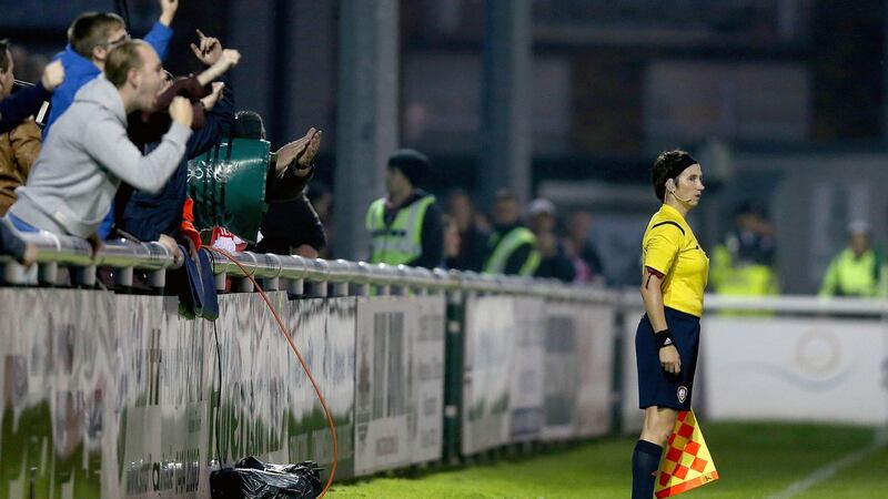 Michelle O’Neill makes a controversial decision at the SSE Airtricity League match between Bray Wanderers and St Patrick’s Athletic at  Carlisle Grounds, Wicklow in September 2014.  Photograph: Donall Farmer/Inpho