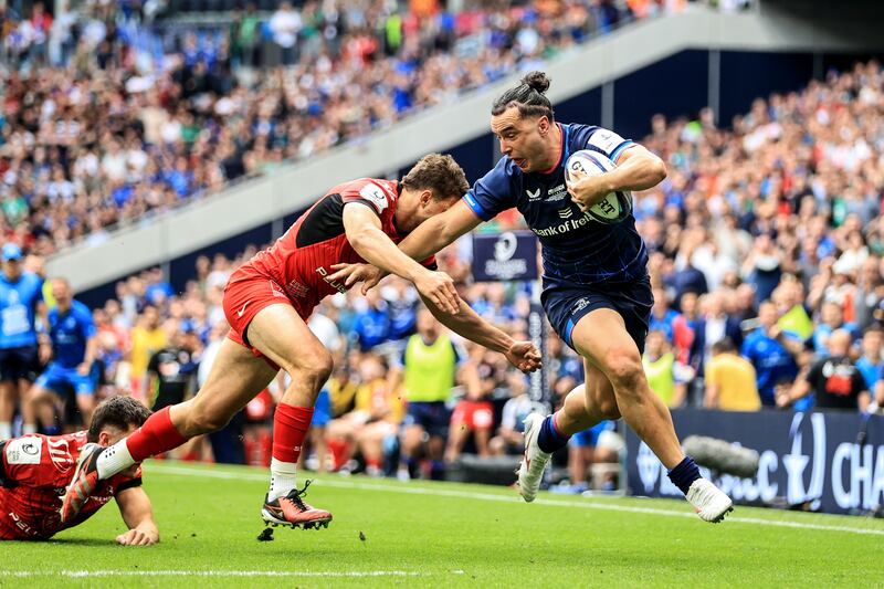 Leinster’s James Lowe scores a try that was later ruled out as referee Matthew Carley brought play back for a knock-on,. Photograph: Dan Sheridan/Inpho 