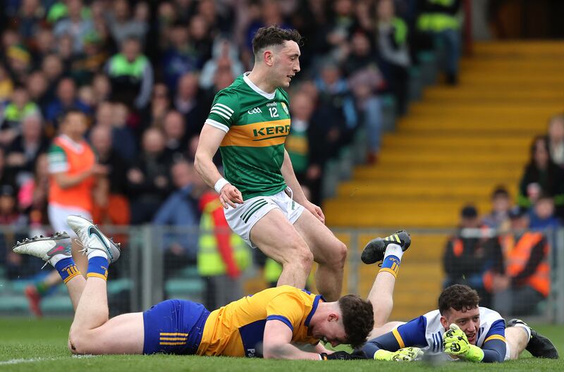 Kerry's Paudie Clifford scores a goal against Clare in the Munster final at the TUS Gaelic Grounds in Limerick. Photograph: Bryan Keane/Inpho 