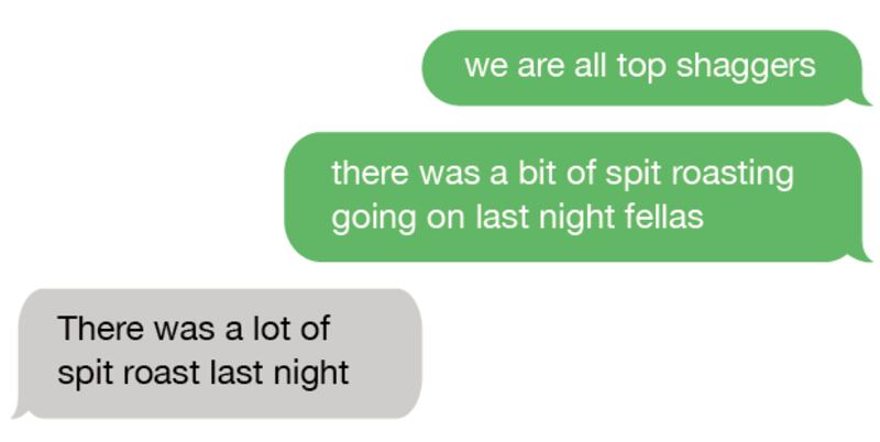 Messages from Stuart Olding in a WhatsApp group on the morning of June 28th, 2016, and Paddy Jackson's reply