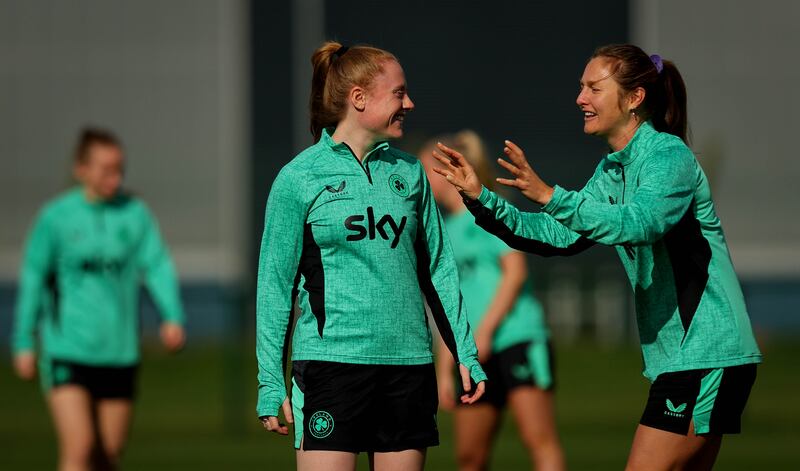 Amber Barrett and Kyra Carusa at Republic of Ireland squad training at the FAI National Training Centre, Dublin. Photograph: Ryan Byrne/Inpho 