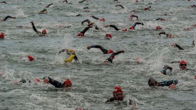 Competitors during the swimming portion of the Wales Ironman in Tenby.