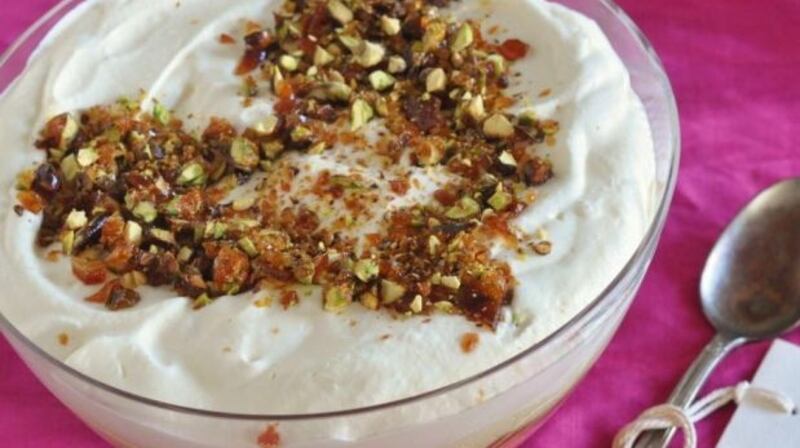 Rhubarb trifle with a praline crunch topping.