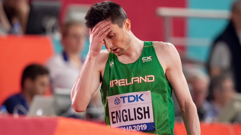 Ireland’s Mark English reacts after running in the heats of the  800m at the World Athletics Championships in Doha, Qatar. Photograph: Morgan Treacy/Inpho