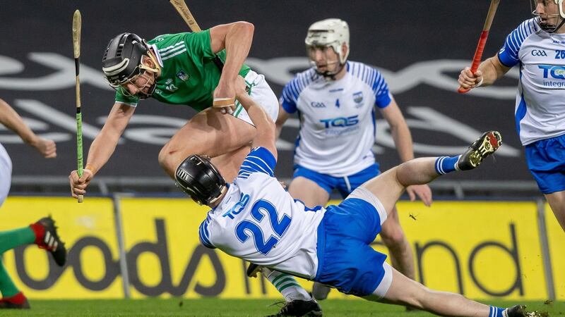 Limerick’s Gearóid Hegarty is challenged by Waterford’s Conor Gleeson during the All-Ireland SHC Final at Croke Park. Photograph:   Morgan Treacy/Inpho