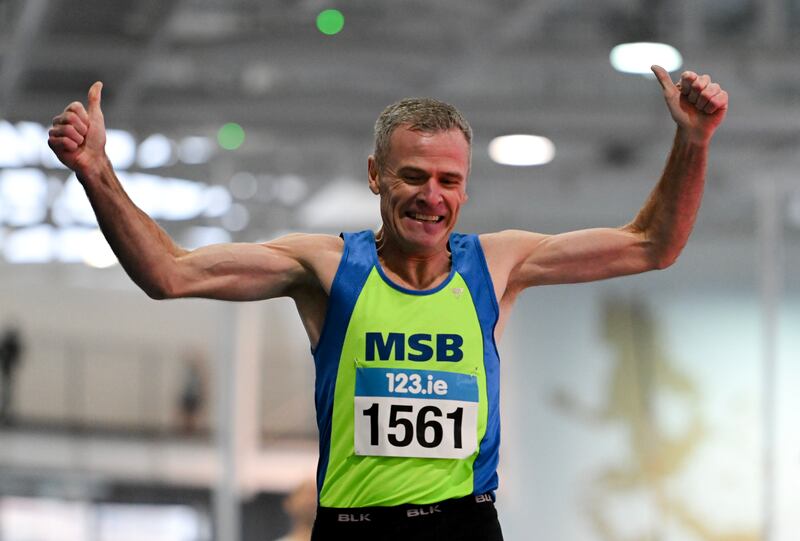 Shane Healy of Metro/St Brigid's AC, Dublin, celebrates after breaking the men's 800m over 55 world record with a time of 2:02.46 during the 123.ie National Masters Indoor Championships at the TUS International Arena in Athlone. Photograph: Tyler Miller/Sportsfile