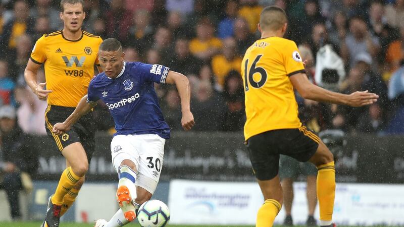 Richarlison scores his second goal for  Everton  in the Premier League game against  Wolverhampton Wanderers at Molineux. Photograph: David Rogers/Getty Images