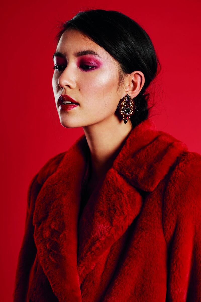 Red all over: Li-Ann wears coat, €660, Alice + Olivia; earrings, €279, Loulerie