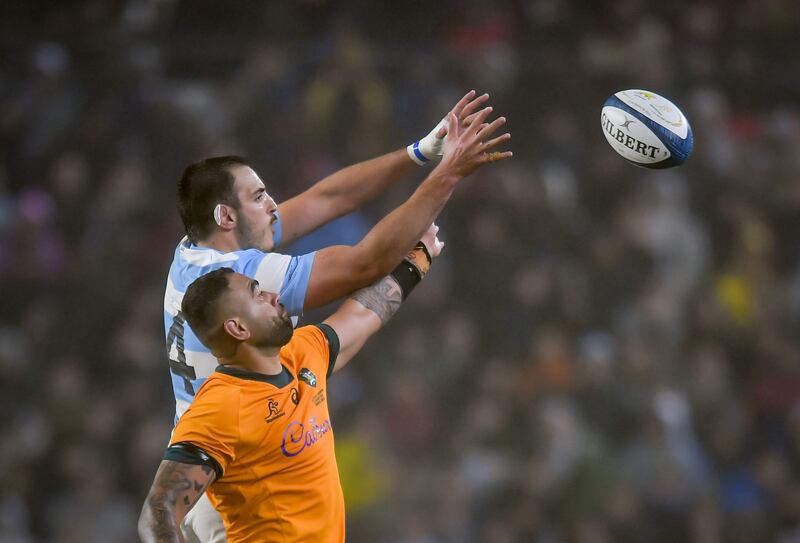 Santiago Cordero, in an Argentinian shirt, competes for the ball against Lukhan Salakaia-Loto of Australia last month in La Plata. Photograph: Marcelo Endelli/Getty