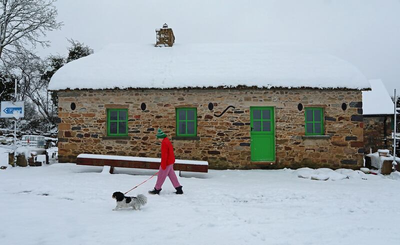 A young girl walks her dog at Drummany Spirit, Cavan, as heavy snowfalls in the area closed schools on Friday morning. Photograph: Lorraine Teevan