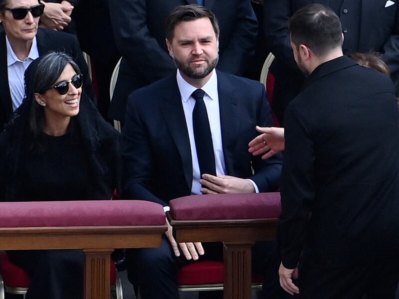 Vice-President JD Vance and his wife Usha are greetd by Ukraine's president, Volodymyr Zelensky, as they arrive to attend a Mass marking the start of Pope Leo XIV's pontficate. Photograph: ISABELLA BONOTTO/AFP via Getty Images   
