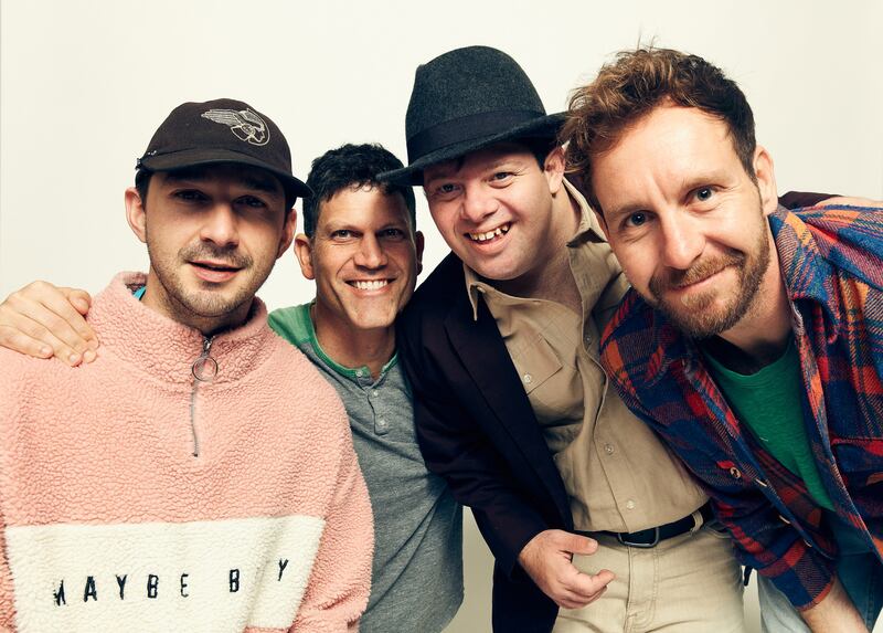 Shia LaBeouf, Mike Schwartz, Zack Gottsagen pose during South by Southwest film festival. Photograph: Robby Klein/Getty