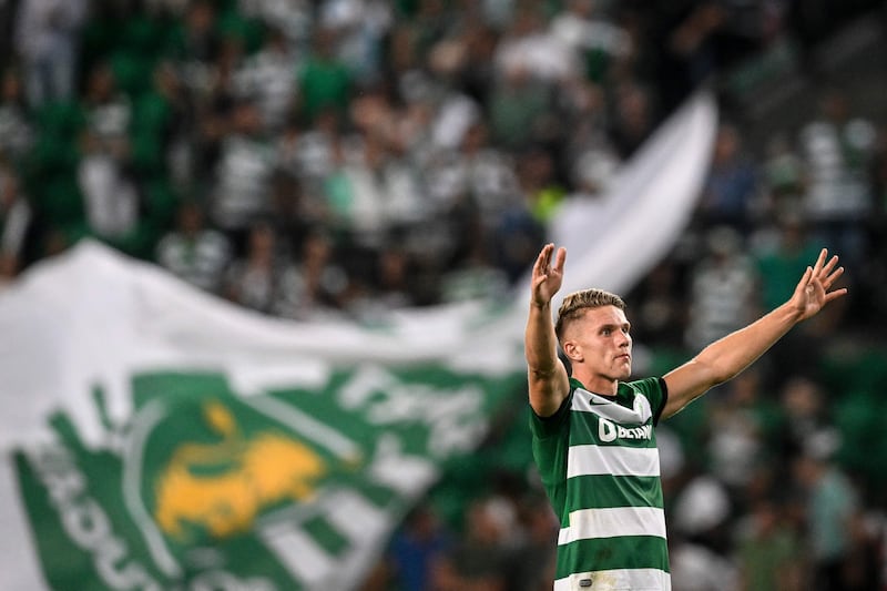 Viktor Gyokeres, when at Sporting Lisbon, celebrates. Photograph: Patricio De Melo Moreira/AFP via Getty