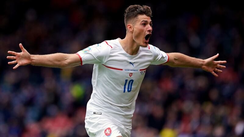 Czech Republic’s Patrik Schick celebrates after scoring his side’s second against Scotland. Photograph: Andrew Milligan/PA