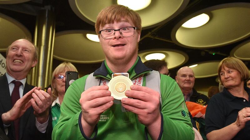 Team Ireland member Mark Claffey, from Blackrock, Co Dublin, is a winner and has gold for golf to prove it.  Photograph: Matt Browne/Sportsfile