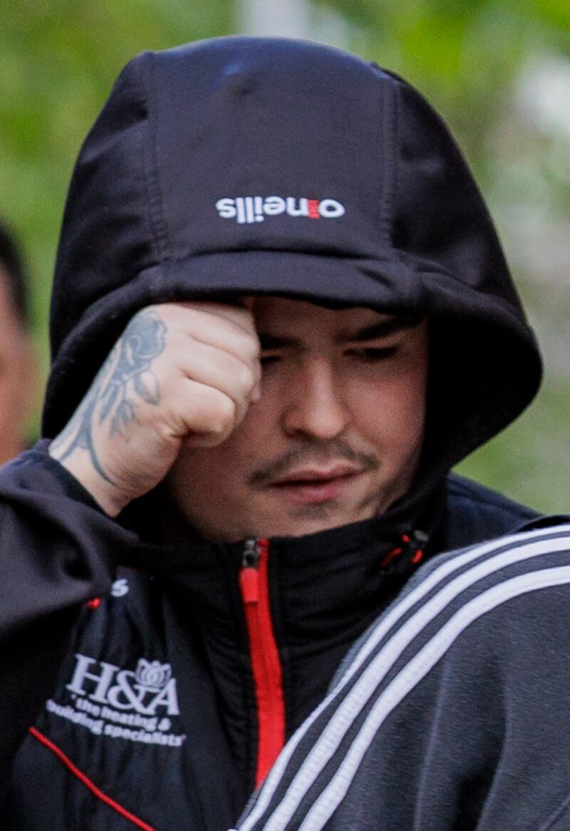 Jordan Devine arrives at Laganside Court in Belfast where he has gone on trial charged with the murder of Belfast journalist Lyra McKee. Photograph: Liam McBurney/PA Wire