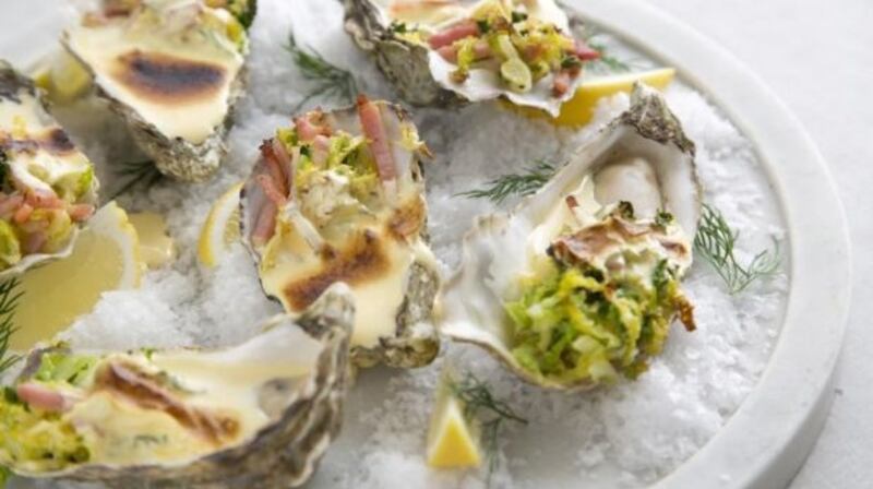 Gary O’Hanlon’s oysters with bacon, cabbage and torched Guinness sabayon. Photograph: Harry Weir