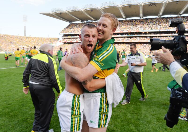 Barry John Keane and Colm Cooper celebrate victory after the 2014 All-Ireland final. Photograph: Alan Betson