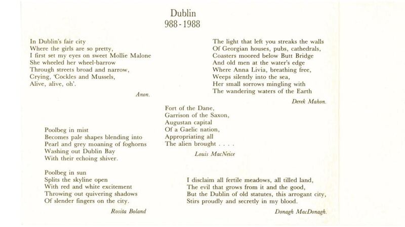 The inside of Charles Haughey’s 1987 Christmas card, featuring Rosita Boland’s poem