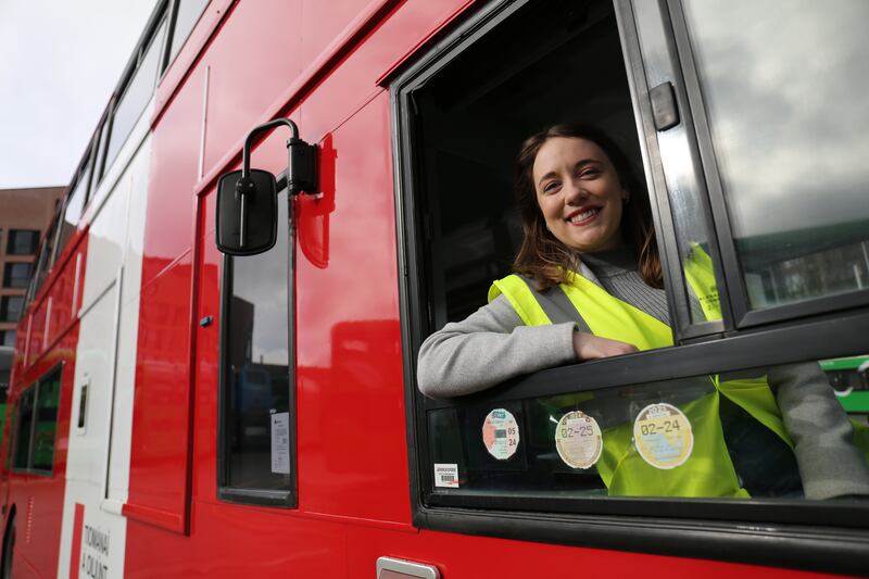 Shauna Bowers takes a bus driving lesson at the Dublin Bus Depot in Phibsborough, Dublin. Photograph: Bryan O’Brien