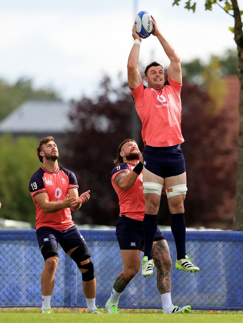 Caelan Doris, Andrew Porter and James Ryan practice line-outs at the Ireland training camp on Tuesday. Photograph: Dan Sheridan/Inpho