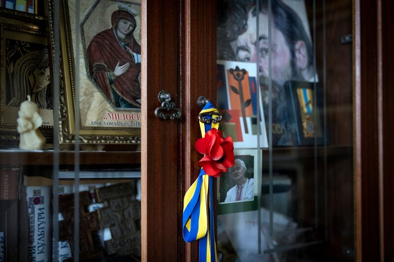 A display cabinet at the home of  Kalynets. Photograph: Ivor Prickett/New York Times