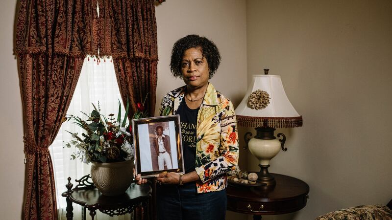 Louvon Harris holds a photo of her brother, James Byrd Jr, at her home in Cypress, Texas, June 22nd, 2018. Photograph: William Widmer/The New York Times.
