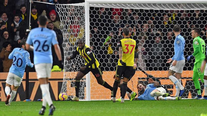 French midfielder Abdoulaye Doucoure scores Watford’s late consolation against Manchester City. Photograph: Ben Stansall/AFP/Getty